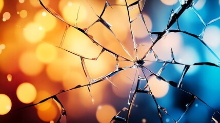 Aufkleber - shattered glass fragments are displayed with cracks against a backdrop of orange and blue bokeh circ
