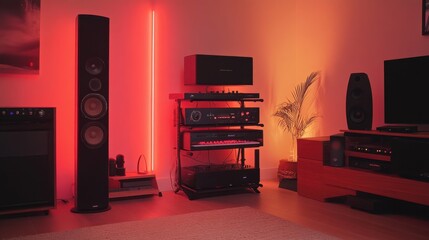Poster - Technology-focused home setup with speaker managing lighting and music
