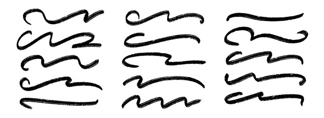 Poster - Black wave paint stripe set. Squiggle sketch brush stroke collection. Charcoal curved flourish pack for highlight, underline, emphasis. Rough swoosh stripe bundle. Handdrawn crayon chalk lines. Vector
