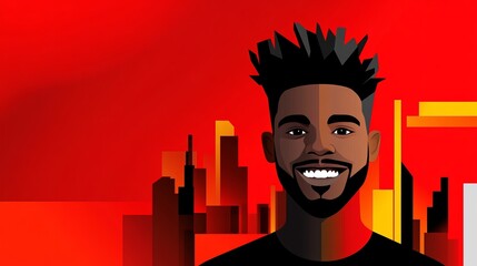 Aufkleber - smiling man faces forward, showcasing digital artwork with a skyline backdrop and distinct color pal