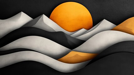 Aufkleber - stylized mountains are depicted against a black background with an orange sun rising over the peaks 