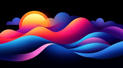 Aufkleber - stylized sun shines above colorful wavy landscape against a stark black background, creating a vibra