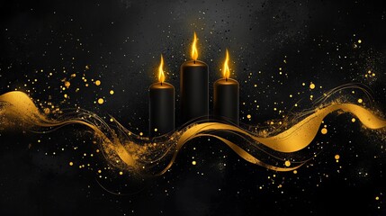 Poster - three black candles are burning with golden flames on a dark background featuring golden swirls and 