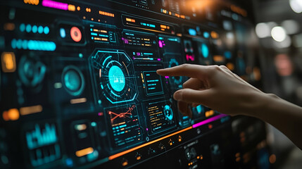 Woman interacts with futuristic data display