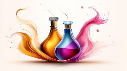 Aufkleber - two decorative glass bottles stand elegantly against a swirl of orange and pink sheer fabrics on a c
