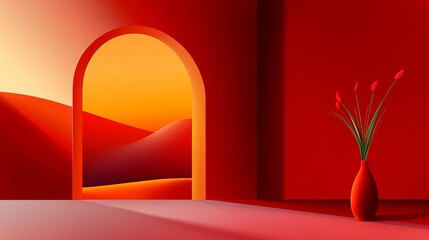 Aufkleber - vase with red flowers sits on the floor next to a wall with an arched doorway leading to a desert la