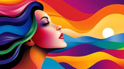 Aufkleber - woman faces right with colorful flowing hair against an abstract sunset and wavy landscape backdrop.
