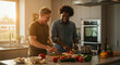 © Eduardo Accorinti - Two cheerful multiethnic male best friends are preparing a meal together, chopping vegetables on cutting boards, cooking while laughing in a sunlit modern kitchen surrounded by fresh ingredients