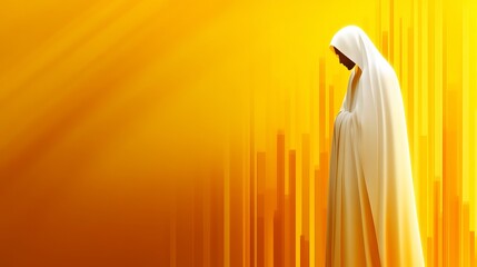 Aufkleber - woman stands draped in white fabric against a bright yellow backdrop with translucent orange bars.