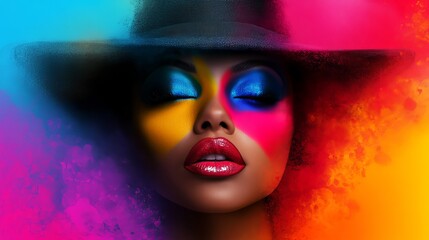 Poster - Woman wearing a black hat has vibrant makeup with blue eyeshadow, red lips, and multicolored face paint.