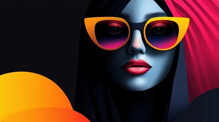 Aufkleber - woman wears sunglasses with orange frames and pink lenses against a dark background with red and yel
