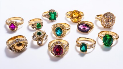 Poster - Assortment of rings with gemstones in a semi-circle pattern on white background