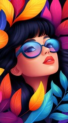 Aufkleber - woman with dark hair and blue glasses looks upward amidst colorful stylized leaves.