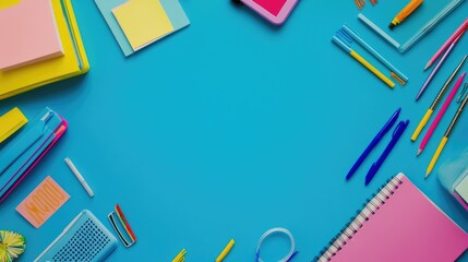 Poster - Bold and vibrant top view of workspace setup for remote work with stationery and electronics