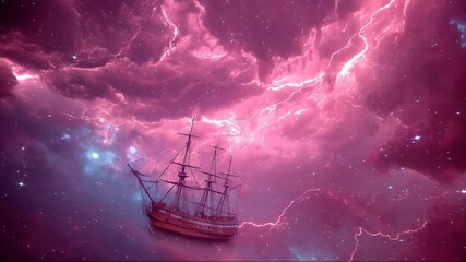 Poster - Ghost Ship Navigates Through a Vibrant Cosmic Storm in Deep Space Generative AI