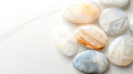 Poster - Collection of moonstones with soft glow laid out on a smooth white backdrop