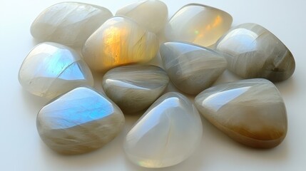 Poster - Collection of moonstones with soft glow laid out on a smooth white backdrop