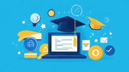Poster - E-learning success layout with progress tools and online interface over bright color swatches