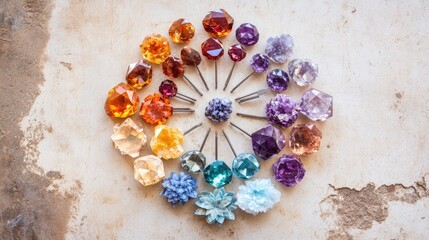 Poster - Faceting gear and dop sticks arranged in radial formation with gemstone examples