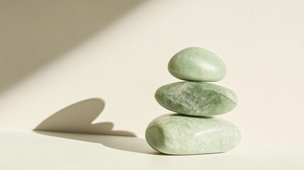Poster - Green jade stones stacked and centered on a smooth white background for simple elegance