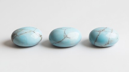 Poster - Minimalist presentation of three polished turquoise stones aligned on white surface