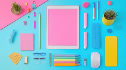 Poster - Multicolor remote work setup with tablets, writing tools, and tech gear for digital productivity