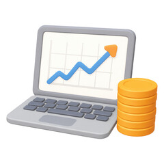 Poster - Growing Business Profits Laptop Displaying Upward Trend Graph with Stack of Coins, isolated on transparent background
