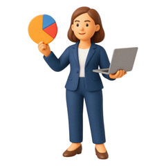 Poster - businesswoman holding pie chart laptop presenting data analysis results, isolated on transparent bac