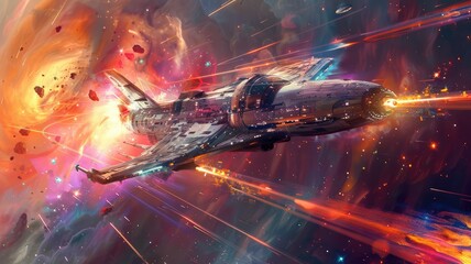 Poster - A stunning digital artwork featuring a vibrant angular spaceship soaring through an intense light vortex, encapsulating the beauty of cosmic exploration and adventure.