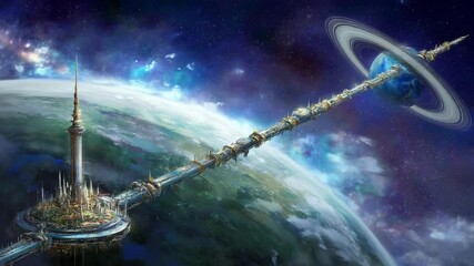 Poster - Massive Space Elevator Connecting Planet to Orbit in Distant Galaxy Generative AI
