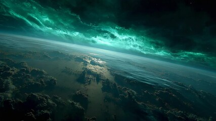 Poster - Mysterious Green Aurora Illuminates the Skies of an Alien World Generative AI