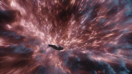 Poster - Spaceship Glides Through Vibrant Nebula Colors Generative AI