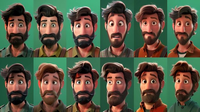 An images of the same man with different hairstyles and different beards, with a green screen background, Generative AI illustrations.