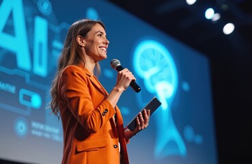female presenter at tech ai conference shares industry expertise. happy woman in orange suit speaks 