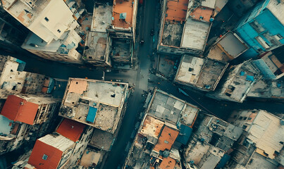 Aerial view of urban cityscape showing intersecting streets and varied rooftop colors in background