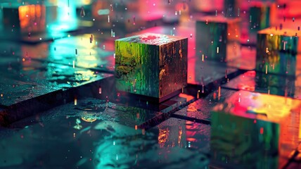 Poster - Abstract digital cubes with pink and blue glowing effects. Digital artwork of 3D rendering geometric shapes with vibrant colorful color. Technology and data visualization concept. Texture. AIG53.