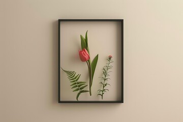 Wall Mural - framed still life featuring a pink tulip and greenery.