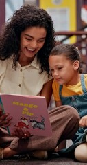 Poster - Smile, woman and child with book in library for knowledge, fantasy story and language development. Teacher, kid and help with literacy novel for learning support, storytelling and reading information