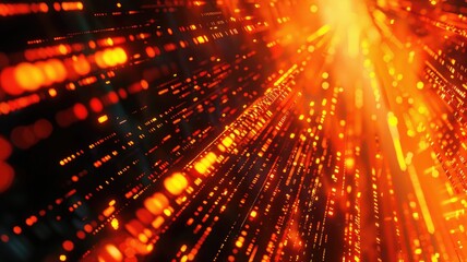 Poster - Abstract picture orange particle with digital technology style design with the coding data flow show dynamic movement represent about programming by programmer or problem solve by encryption. AIG53.