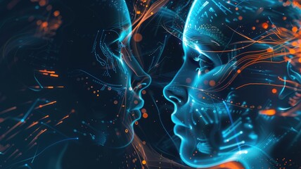 Poster - Abstract digital faces with glowing blue and orange lines facing each other. Digital artwork of face with glowing line. Technology innovation and artificial intelligence concept for design. AIG53.