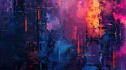 Fototapete - This stunning abstract cyberpunk background features vibrant blue, purple, and orange hues. Ideal for creative projects, it embodies modern digital art and texture.