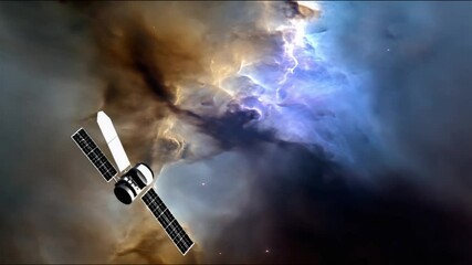 Poster - Satellite Drifts Into Colorful Nebula Capturing Stunning Light Waves Generative AI