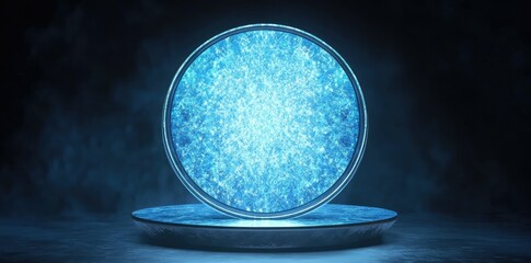 Poster - A futuristic digital interface featuring a glowing blue holographic sphere. surrounded by intricate technology patterns. set against a high-tech background with glowing accents