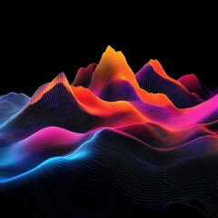 Poster - Abstract digital landscape featuring vibrant waves of color in shades of blue. orange. and purple. set against a black background. ideal for creative projects and modern design