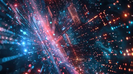 Poster - Abstract art of digital network with glowing nodes and colorful lights. Digital artwork of glowing networking lines. Technology innovation and data visualization concept for wallpaper, banner. AIG53.