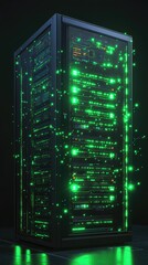 Poster - A high-tech server rack illuminated with vibrant green LED lights. showcasing multiple servers in a dark environment. ideal for technology and data center themes