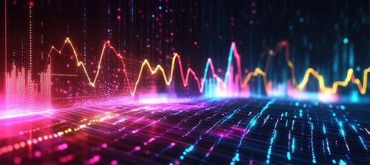 Poster - Vibrant abstract digital sound waves visualization with colorful bars and glowing dots. representing audio frequencies and rhythm in a futuristic setting