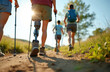 © Vadym - Rear view of disabled hiker with leg prosthesis walks with friends. Group hiking in nature along pathway, using trekking poles. Healthy lifestyle, friendship, togetherness, adventure. Sunny day in