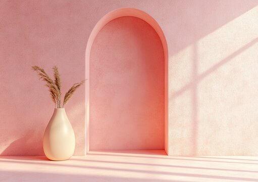 A serene interior scene featuring a minimalist white vase with delicate pink flowers. positioned against a soft pink wall with an arched niche. illuminated by gentle sunlight