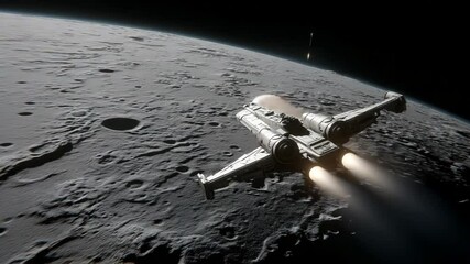 Poster - Spaceship Glides Over the Dark Side of a Moon in Deep Space Generative AI